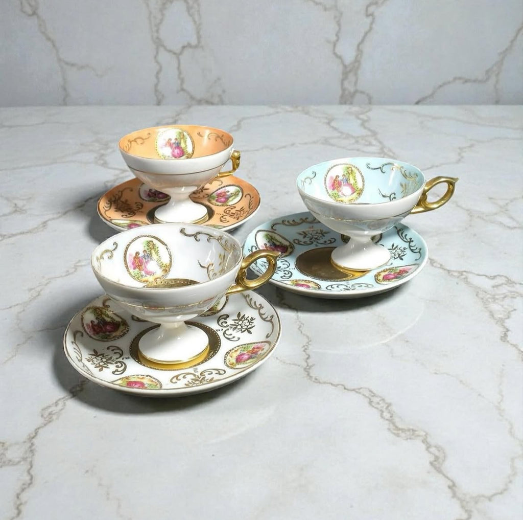 Porcelain Demitasse Cups & Saucers with Miniature Decoration and Gold Trim