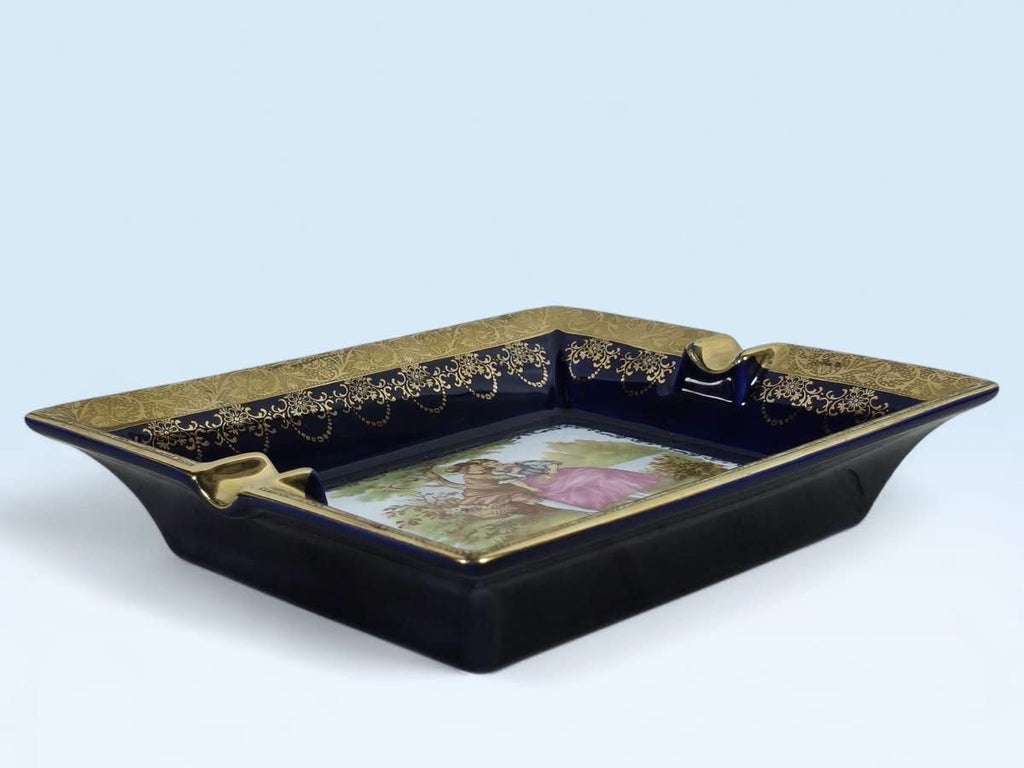 Large French Limoges Porcelain Ashtray with Miniature Artwork & Gold Accents
