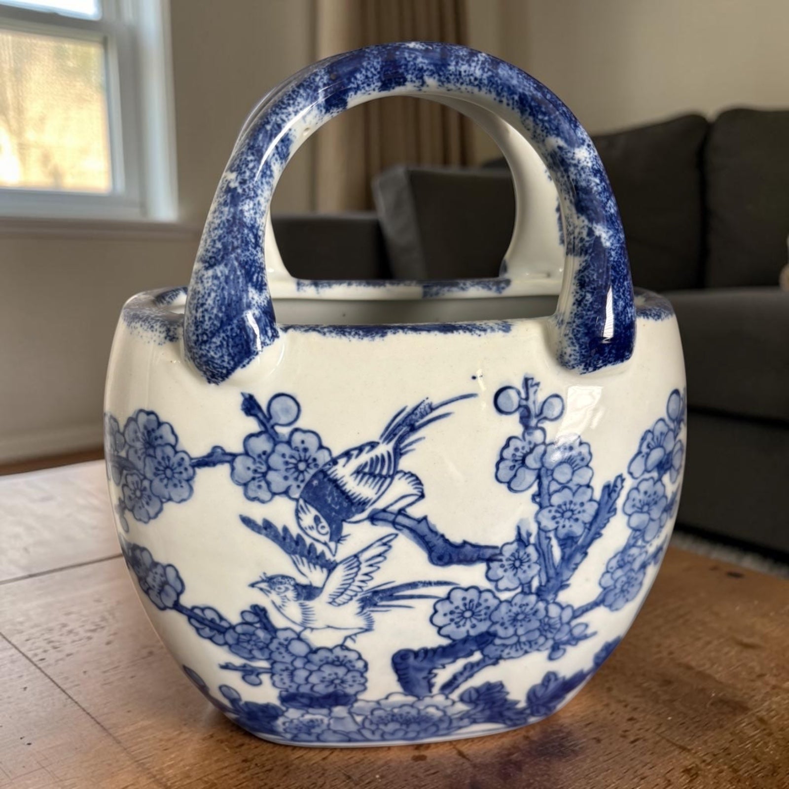 Bleu Blanc Porcelain Bag Vase – Hand-Painted Floral & Bird Design