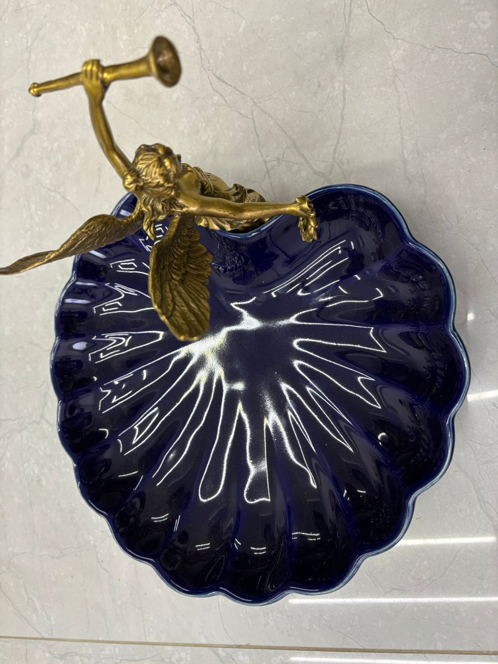 Stamped Porcelain Centerpiece with Solid Bronze Figurine – Cobalt Color