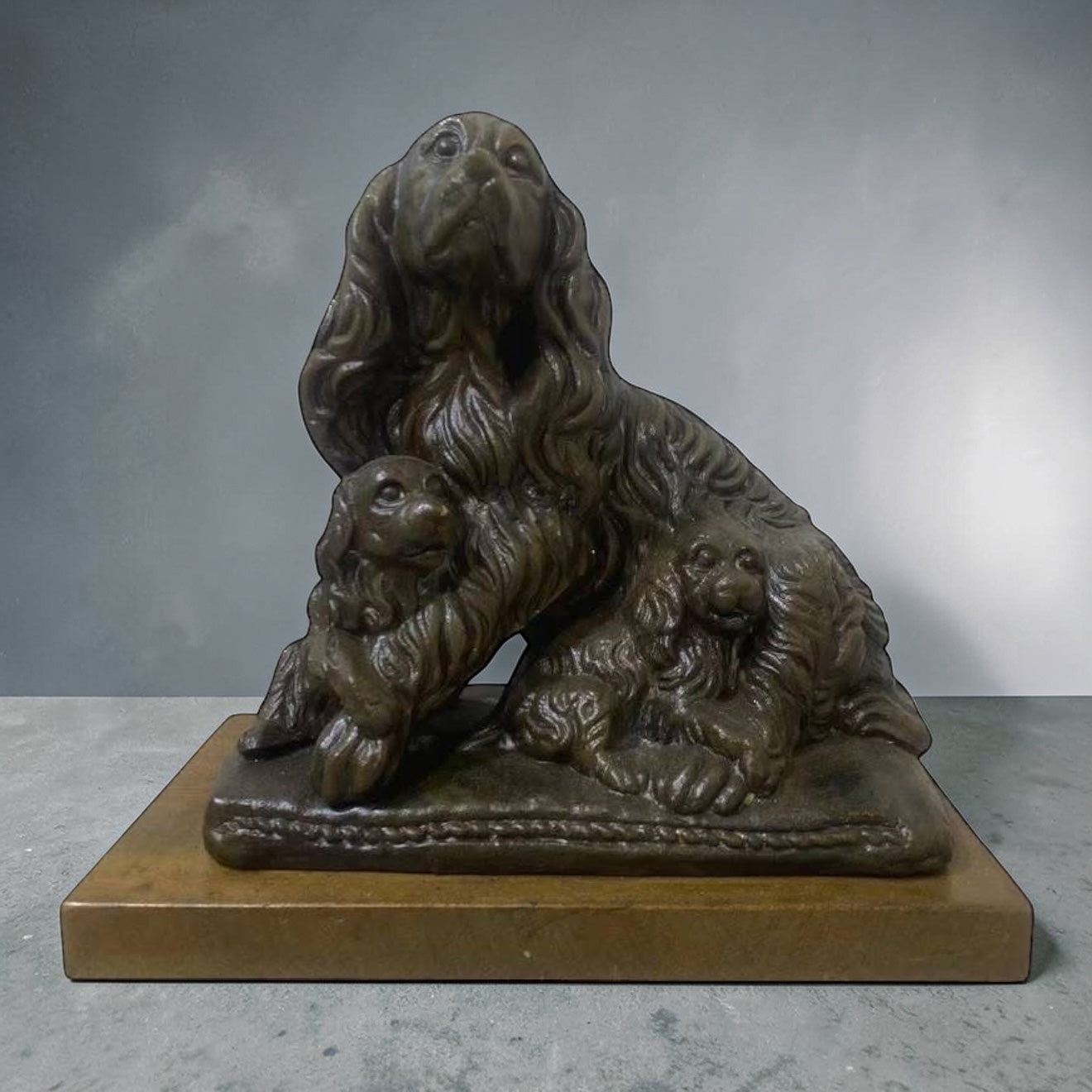 Authentic Antique French Spelter (Semi-Bronze) Statue – Three Dogs – Solid Wood Base