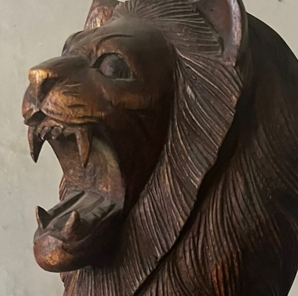 Indonesian Wooden Sitting Lion Sculpture