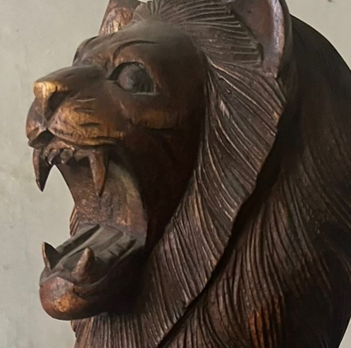 Indonesian Wooden Sitting Lion Sculpture