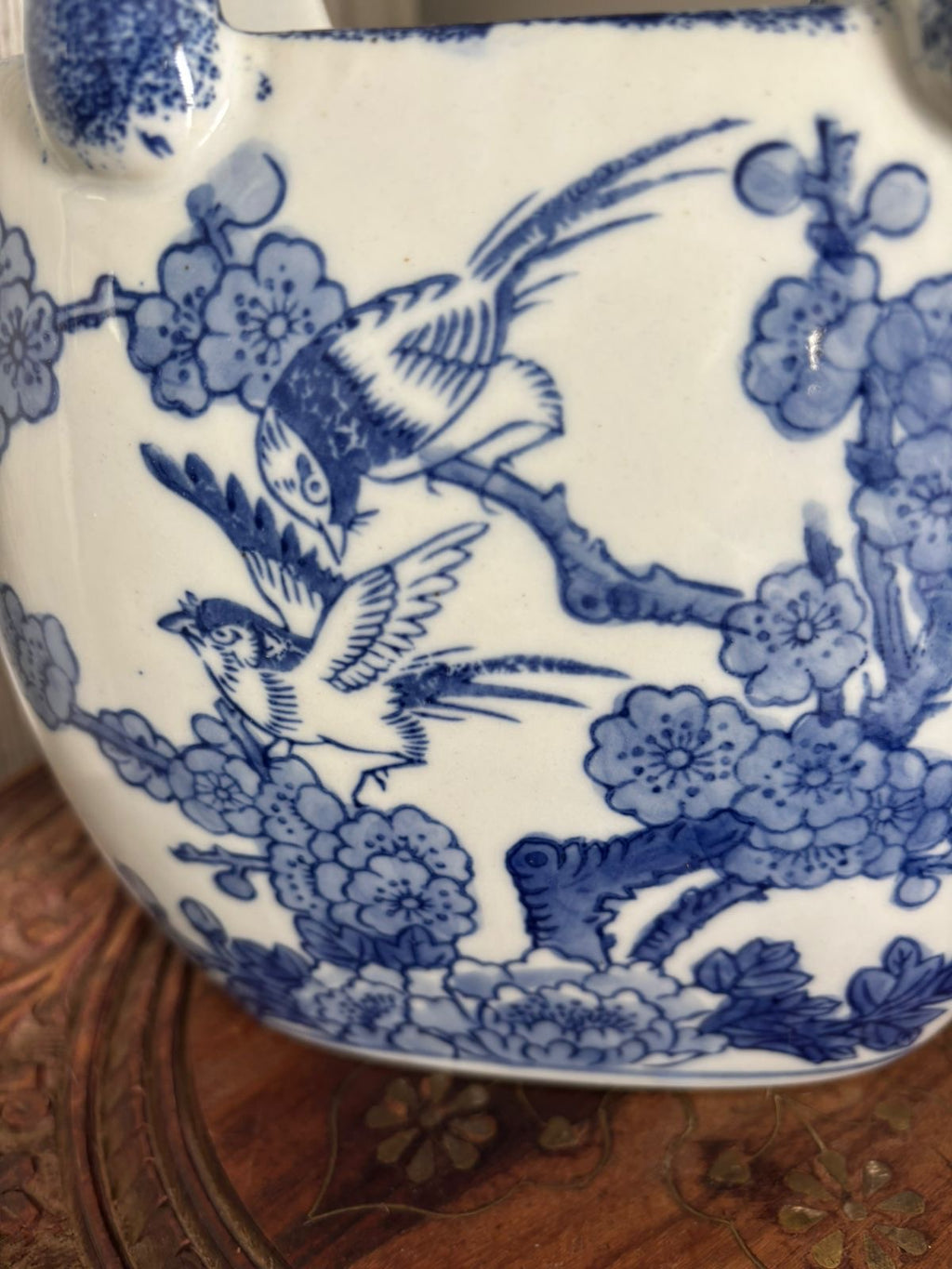 Bleu Blanc Porcelain Bag Vase – Hand-Painted Floral & Bird Design