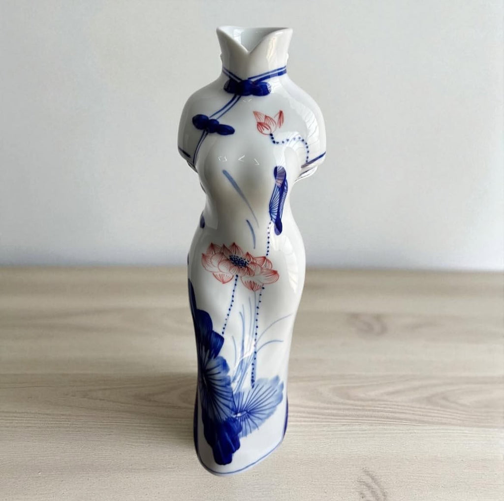 Bleu Blanc Mannequin Vase – Hand-Painted Porcelain