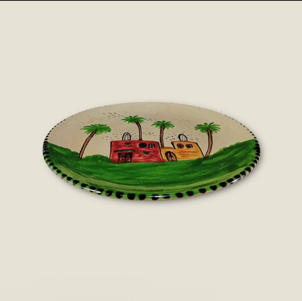 Large Egyptian Countryside Painted Pottery Platter