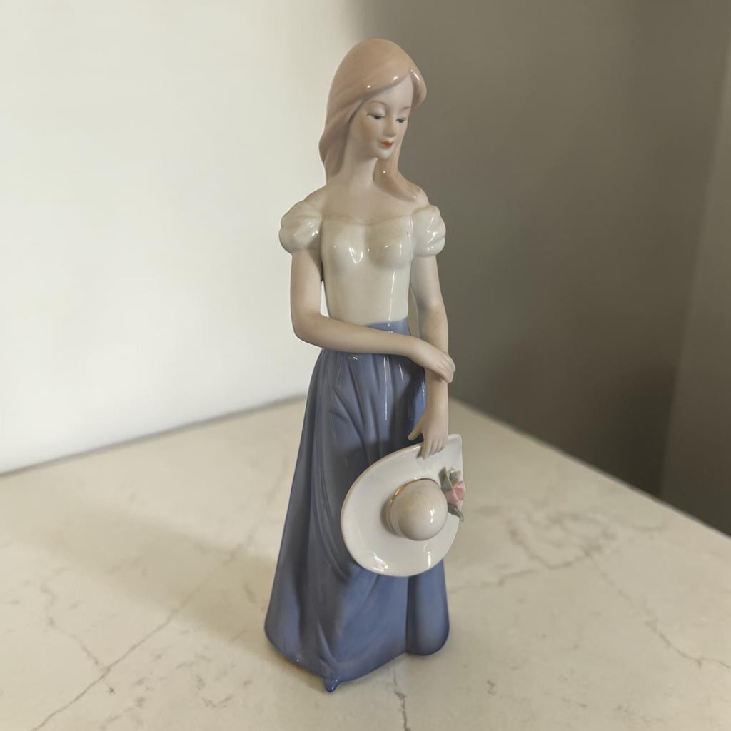 European Porcelain Figurine – Lady with Bonnet – Blue & White Dress