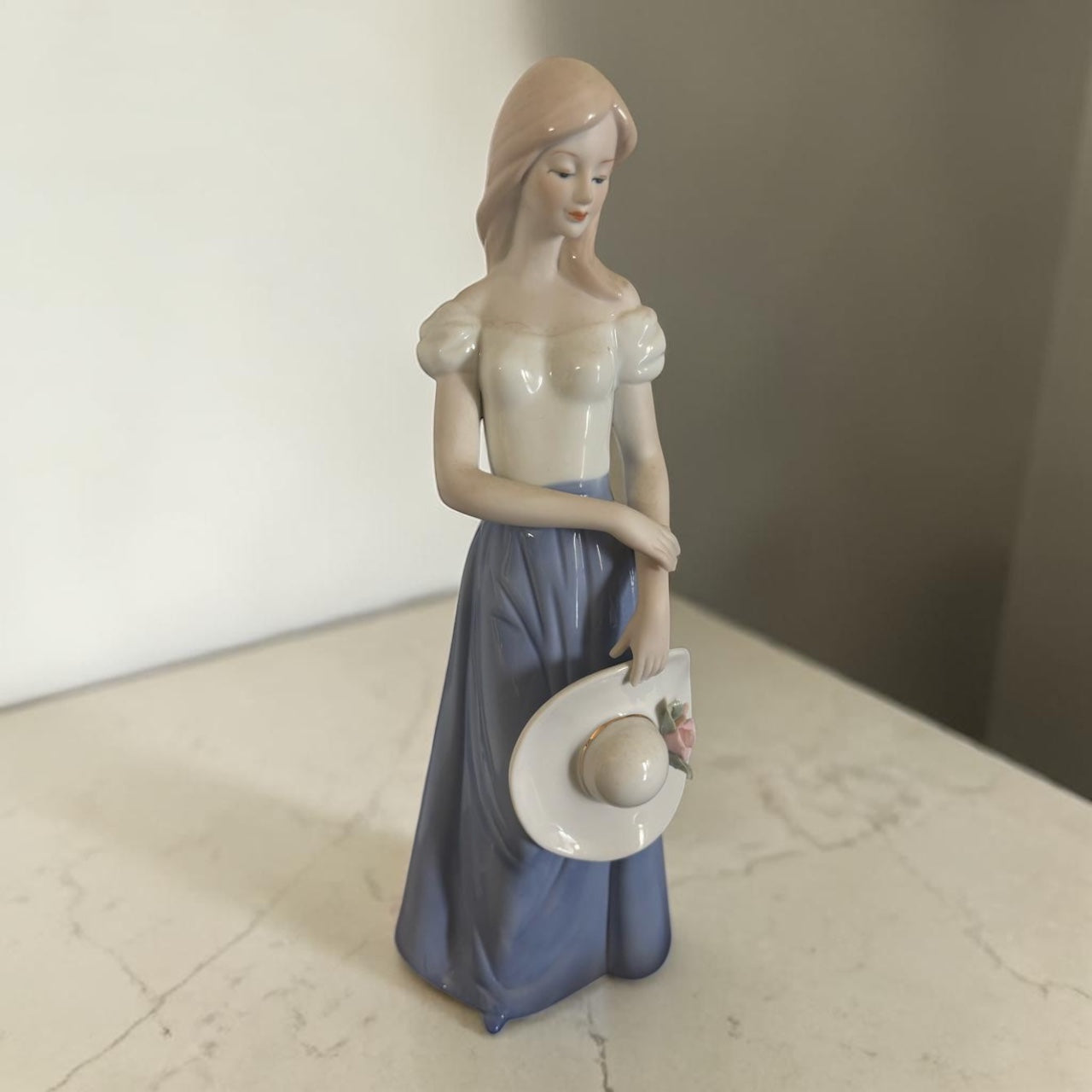 European Porcelain Figurine – Lady with Bonnet – Blue & White Dress