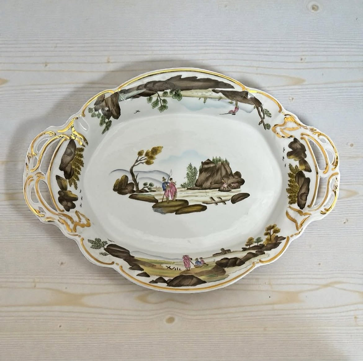 Hand-Painted Gold-Accented Fishermen Porcelain Platter