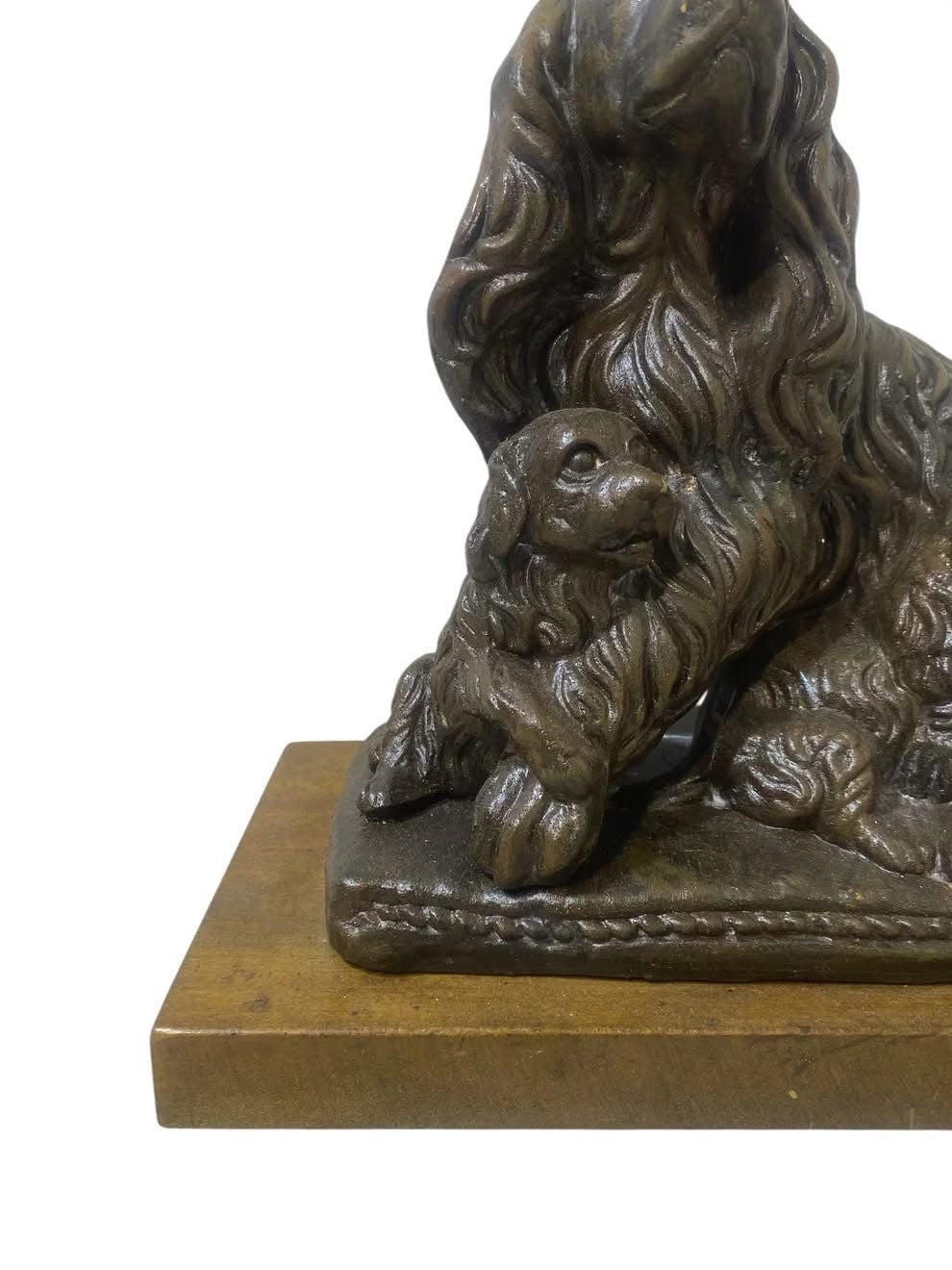 Authentic Antique French Spelter (Semi-Bronze) Statue – Three Dogs – Solid Wood Base