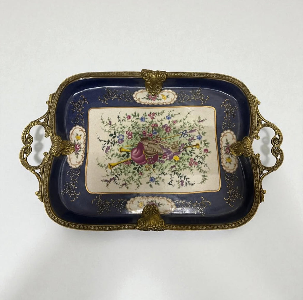 Sevres Chateau Serving Tray with Musical Instruments & Bird Motif