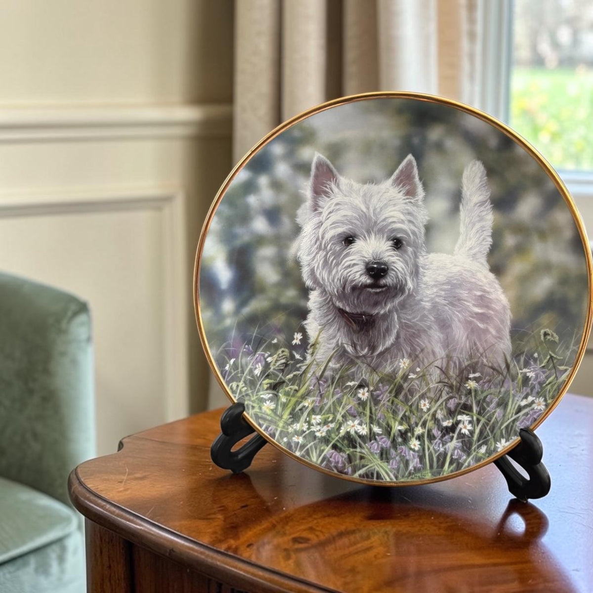 Signed English Porcelain Plate with Distinctive Miniature Artwork & Gilded Initial