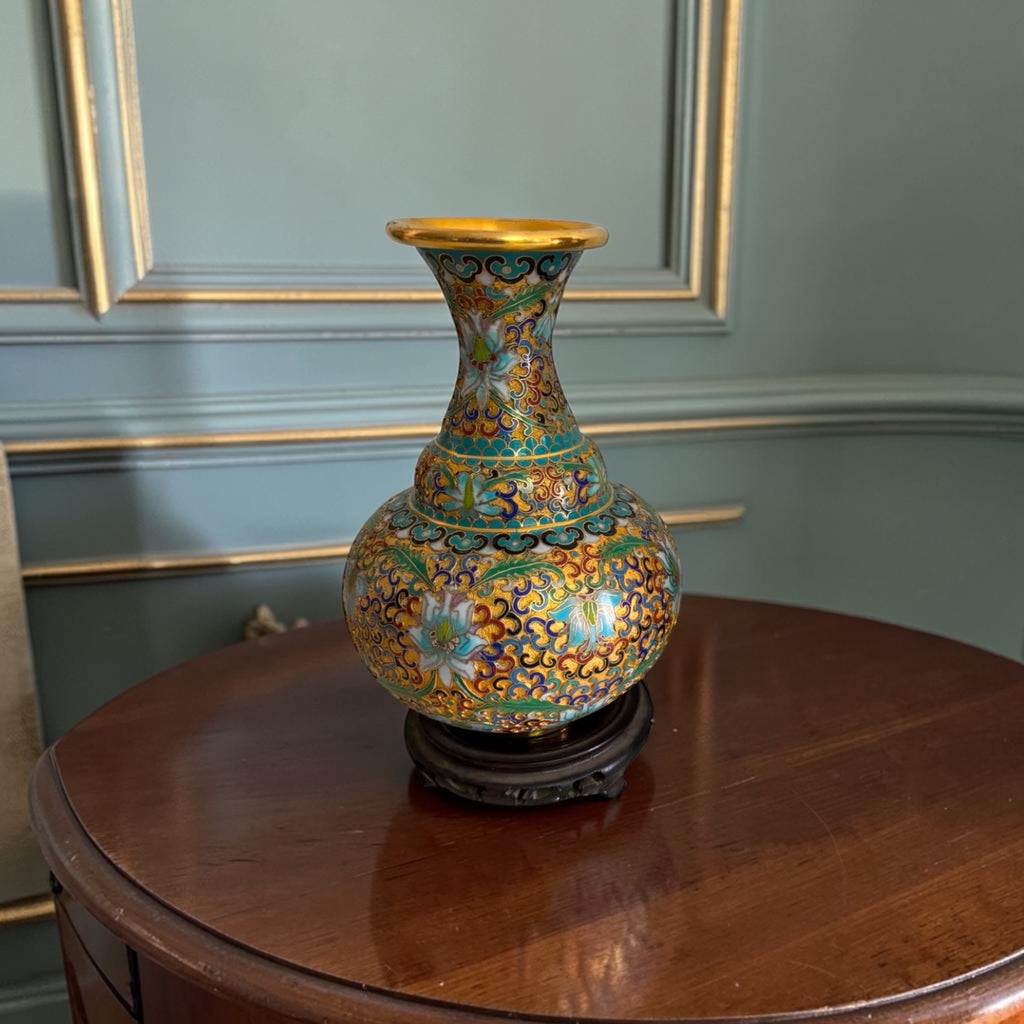 Cloisonné Vase with Wooden Base