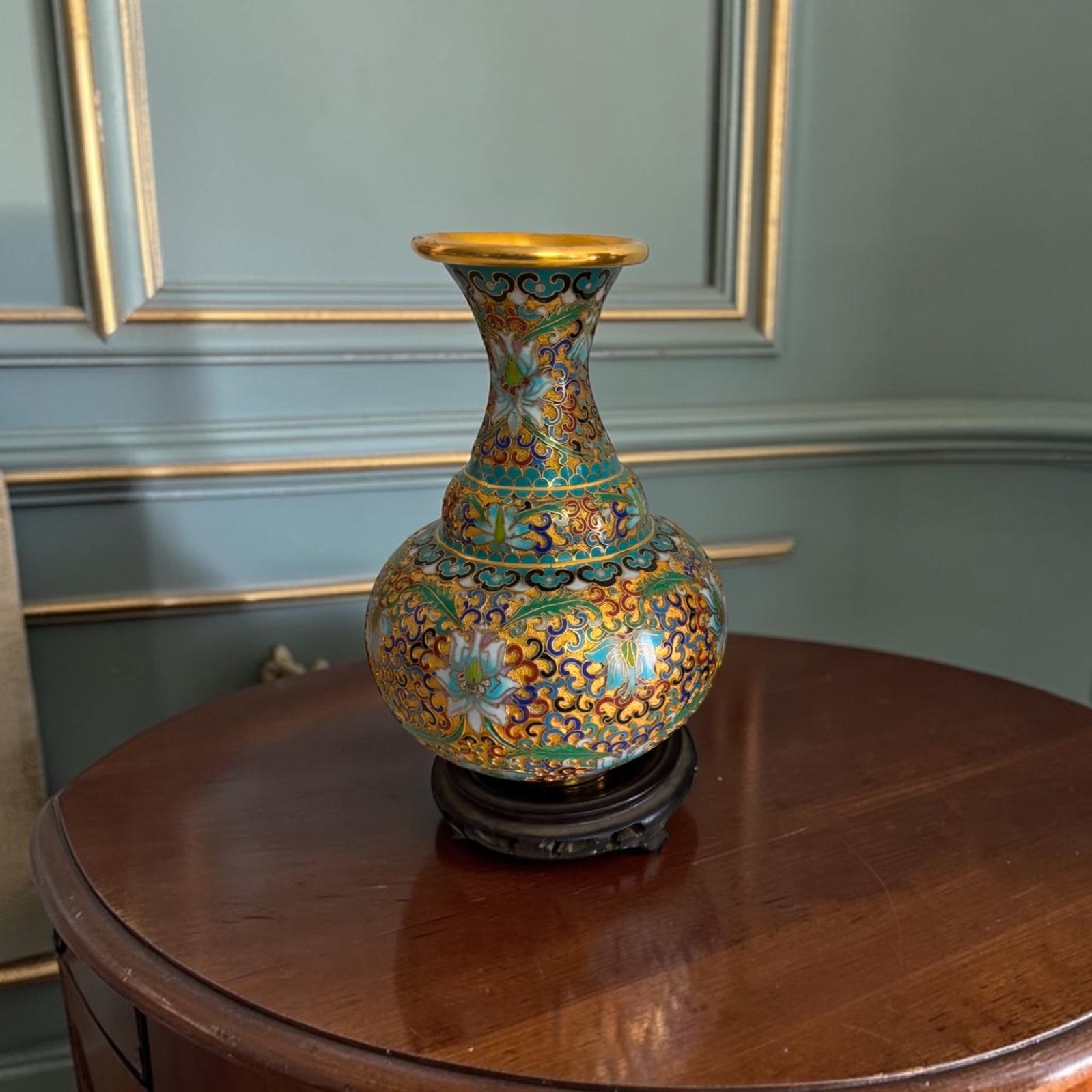 Cloisonné Vase with Wooden Base