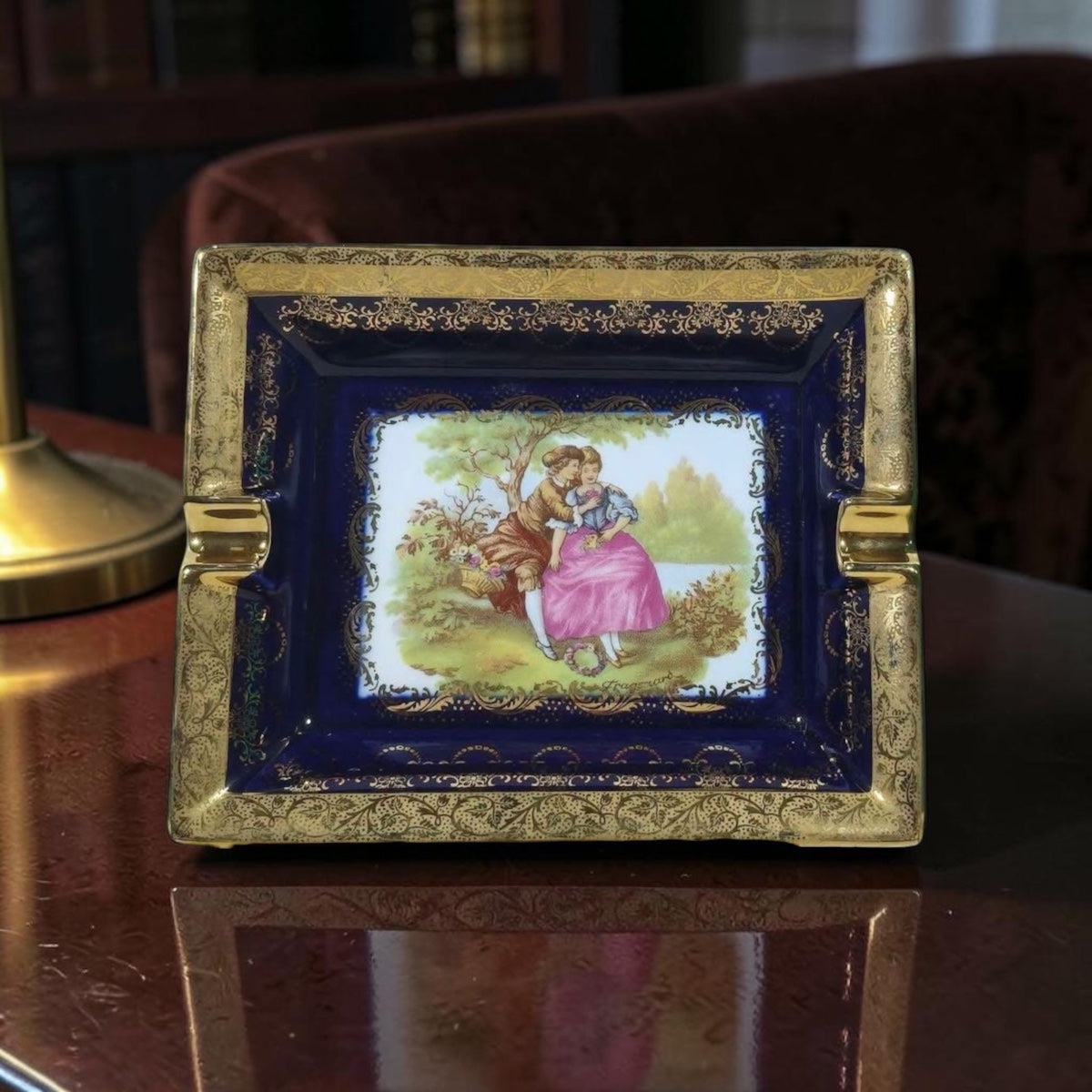 Large French Limoges Porcelain Ashtray with Miniature Artwork & Gold Accents