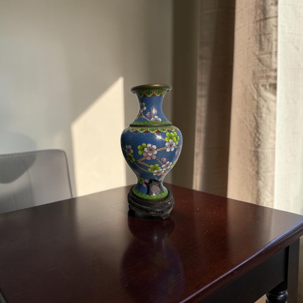 Smooth Cloisonné Vase with Floral & Bird Motifs and Base