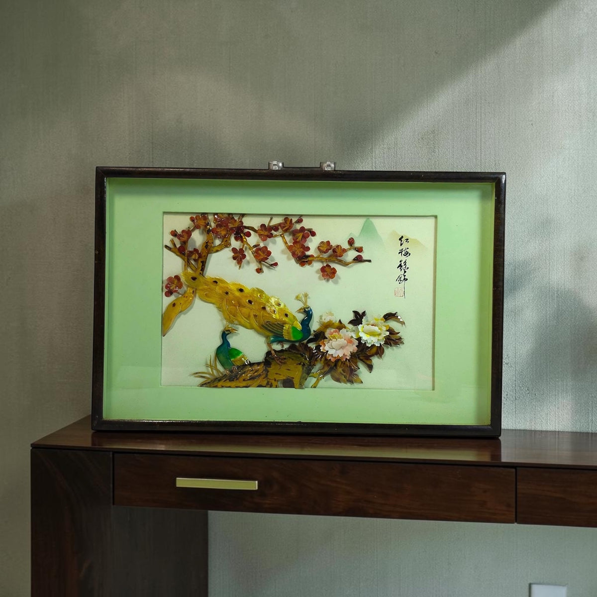 Wooden Frame with Raised Jade Floral & Bird Artwork