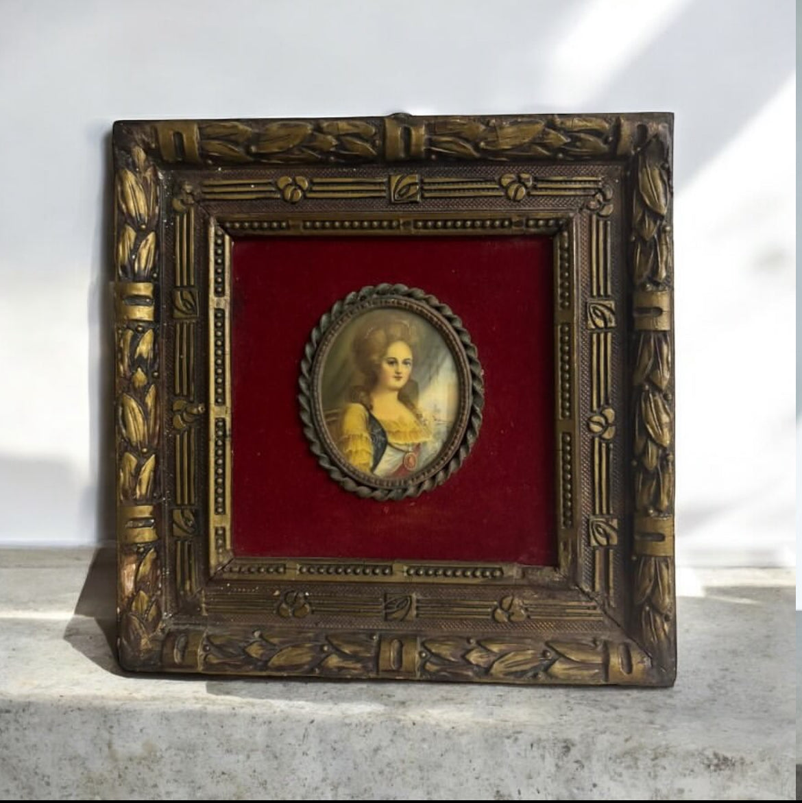 French Miniature Framed Tableau – Girl Motif – Silver-Inlaid Frame
